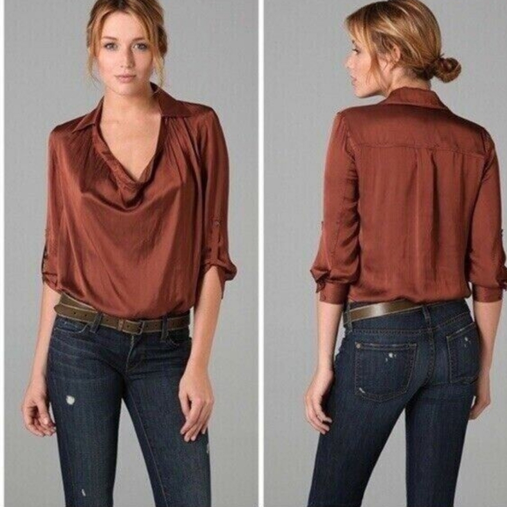 Vince Rust Brown Silky Satin Cowl-Neck Blouse Size 6 Quiet Luxury